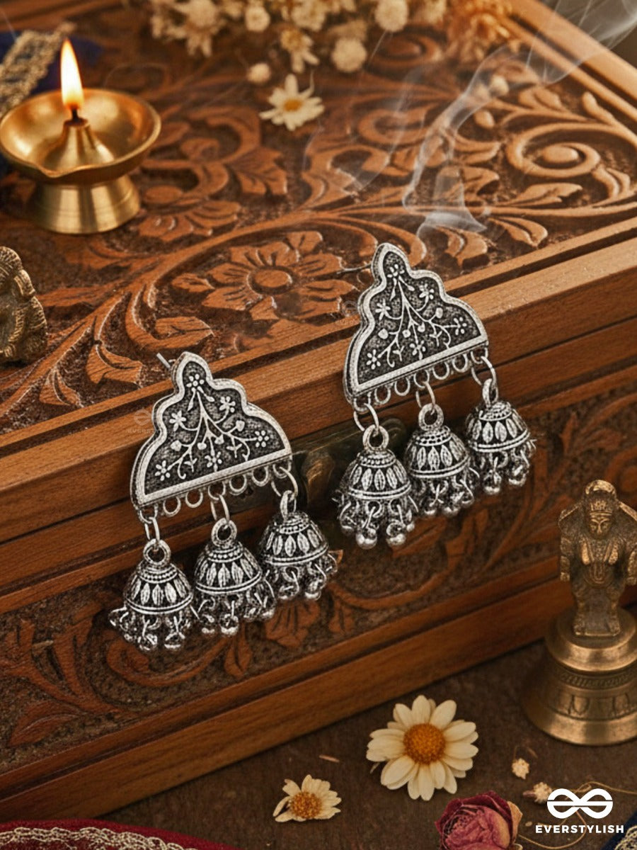 The Boho Delight - Triple Jhumki Studs - Oxidised Boho Earrings