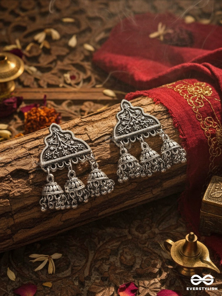 The Boho Delight - Triple Jhumki Studs - Oxidised Boho Earrings