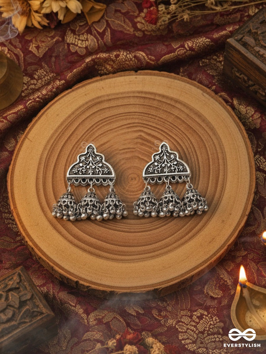 The Boho Delight - Triple Jhumki Studs - Oxidised Boho Earrings