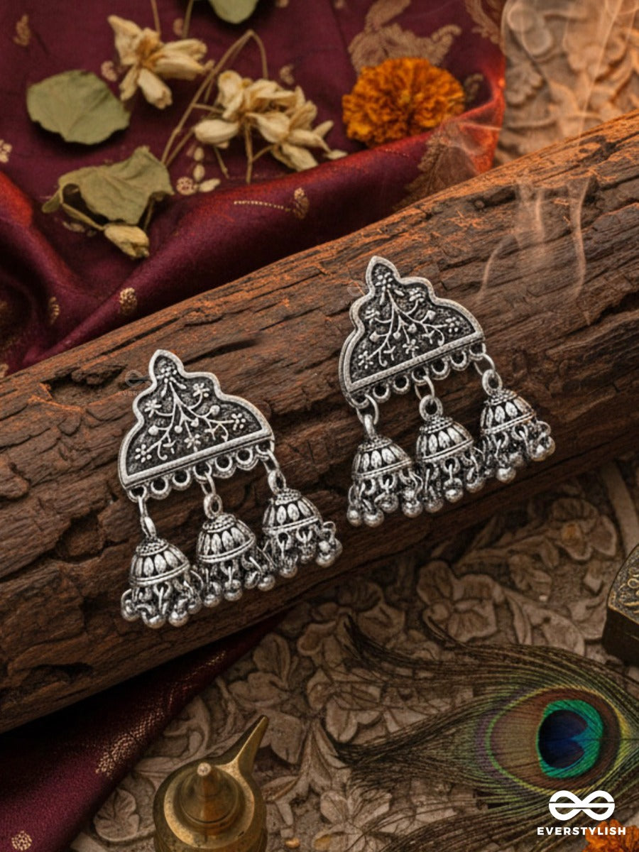 The Boho Delight - Triple Jhumki Studs - Oxidised Boho Earrings