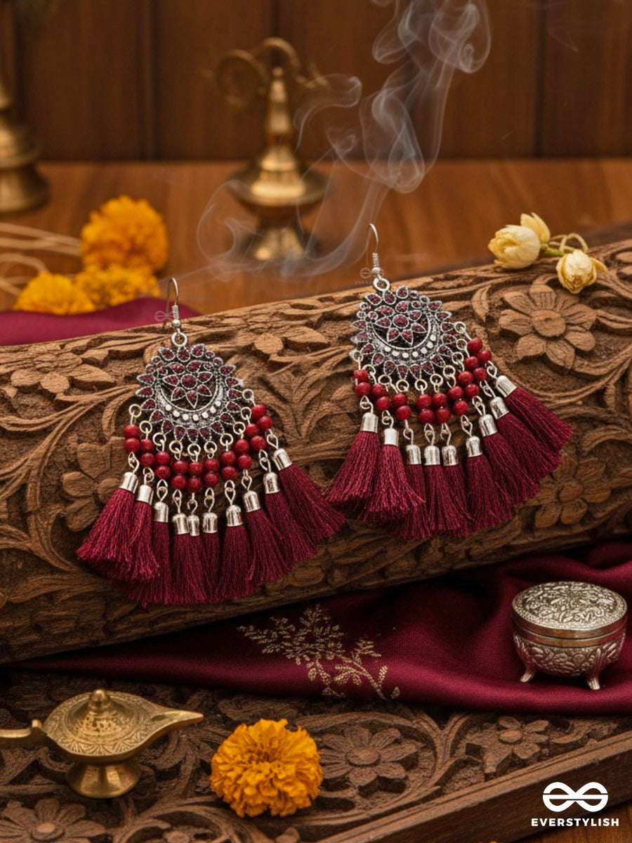 The Enamelled Artwork Tassels (Burgundy) - Oxidised Boho Earrings
