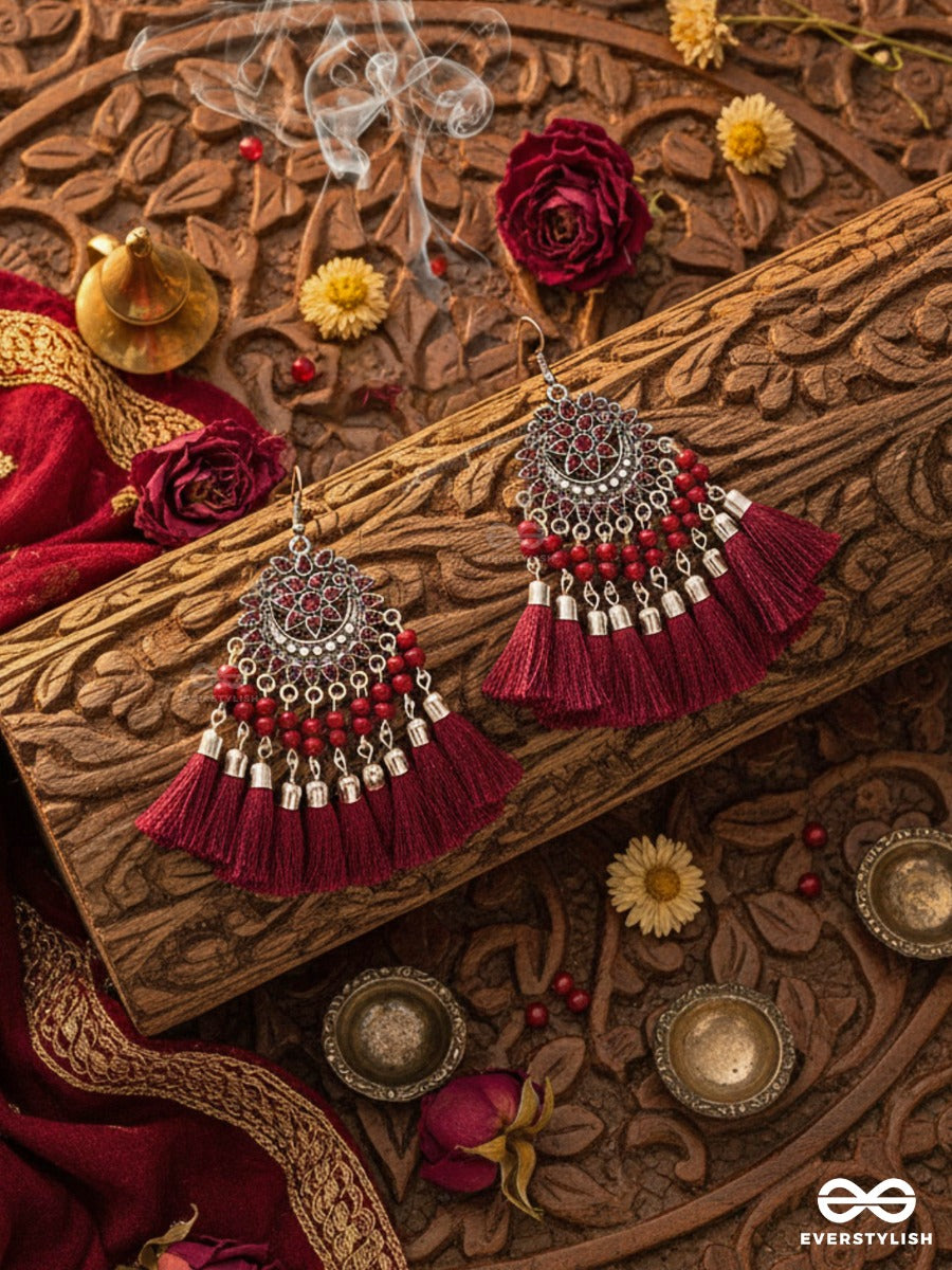 The Enamelled Artwork Tassels (Burgundy) - Oxidised Boho Earrings