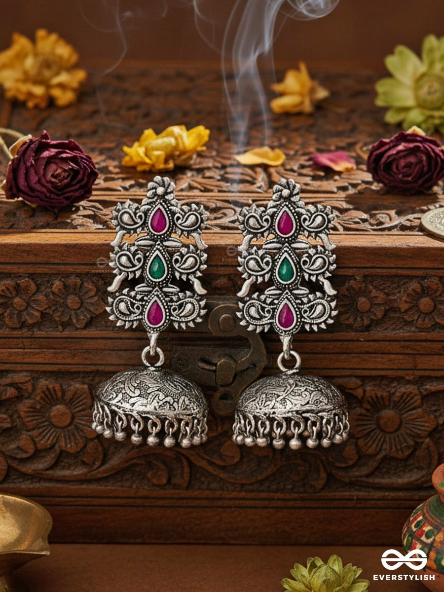 The Intricate Wonders (Ruby Emerald) - Embellished Oxidised Jhumkas