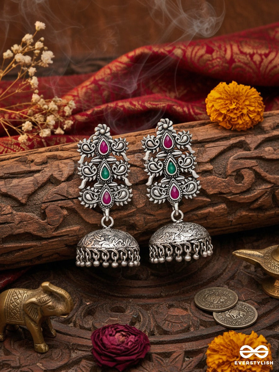 The Intricate Wonders (Ruby Emerald) - Embellished Oxidised Jhumkas