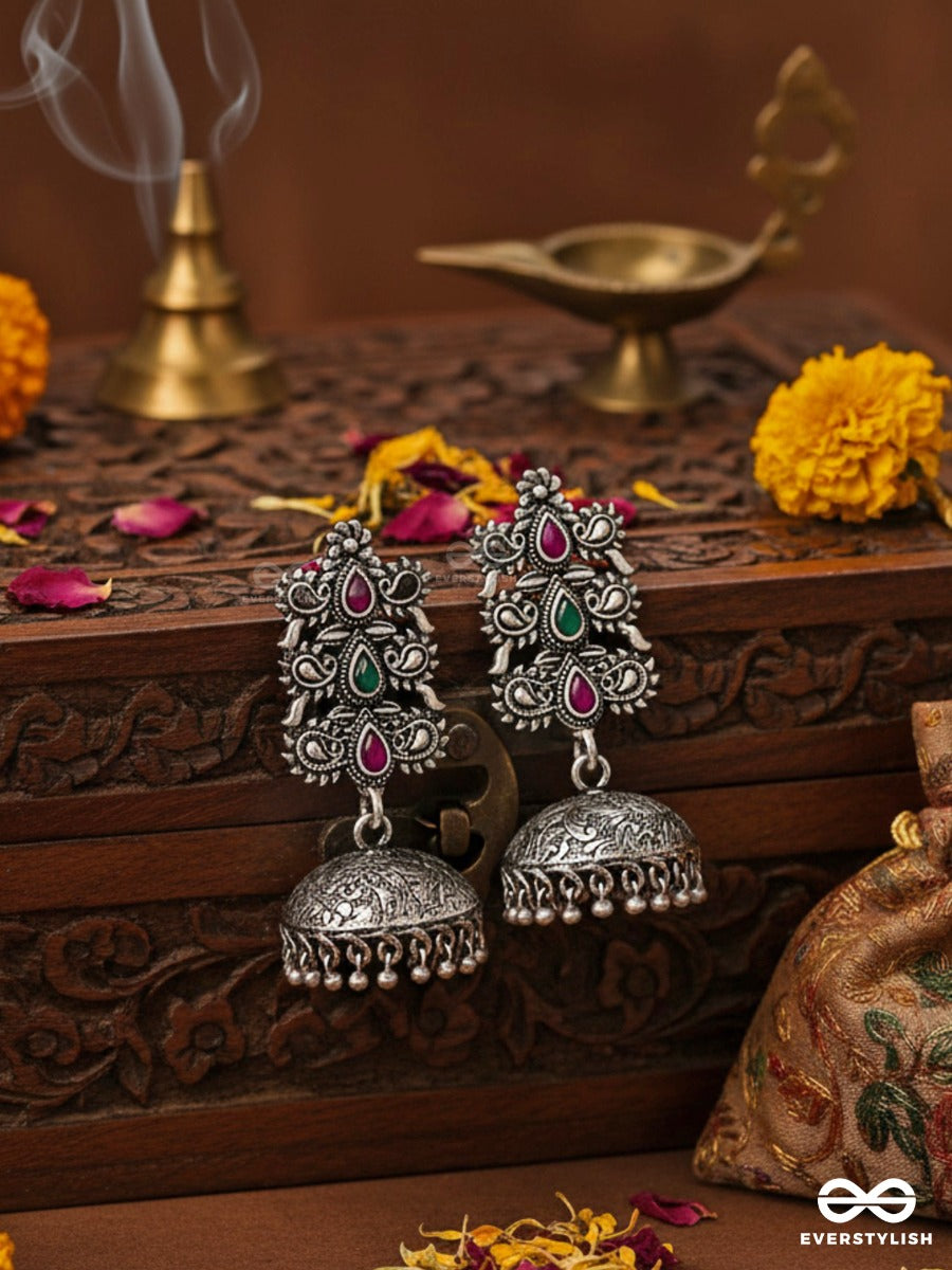 The Intricate Wonders (Ruby Emerald) - Embellished Oxidised Jhumkas