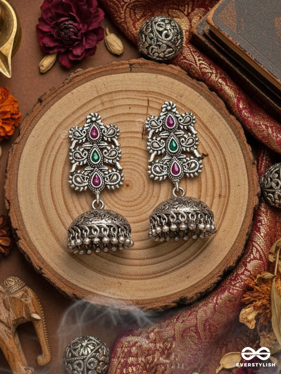 The Intricate Wonders (Ruby Emerald) - Embellished Oxidised Jhumkas