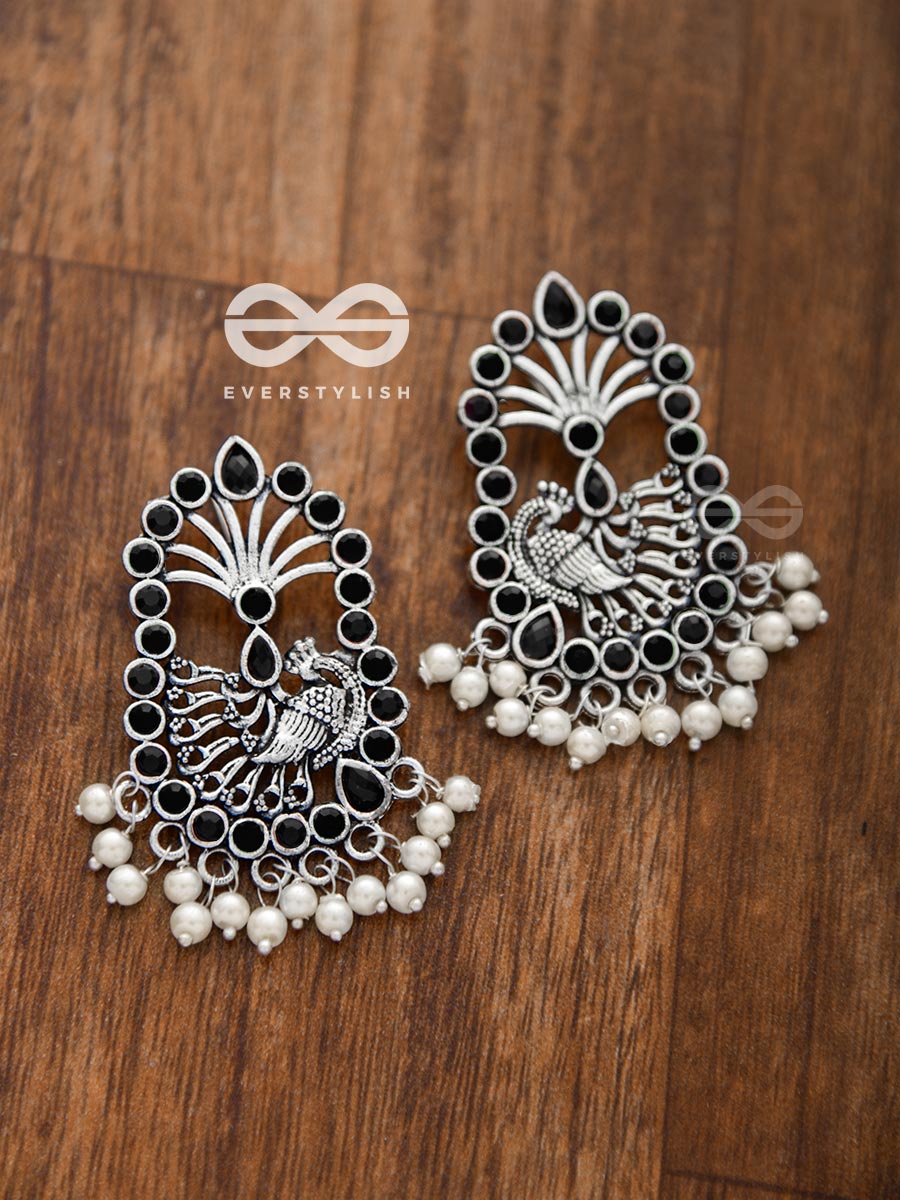 The Delightful Peacock Artwork (Onyx Black) - Embellished Oxidised Earrings