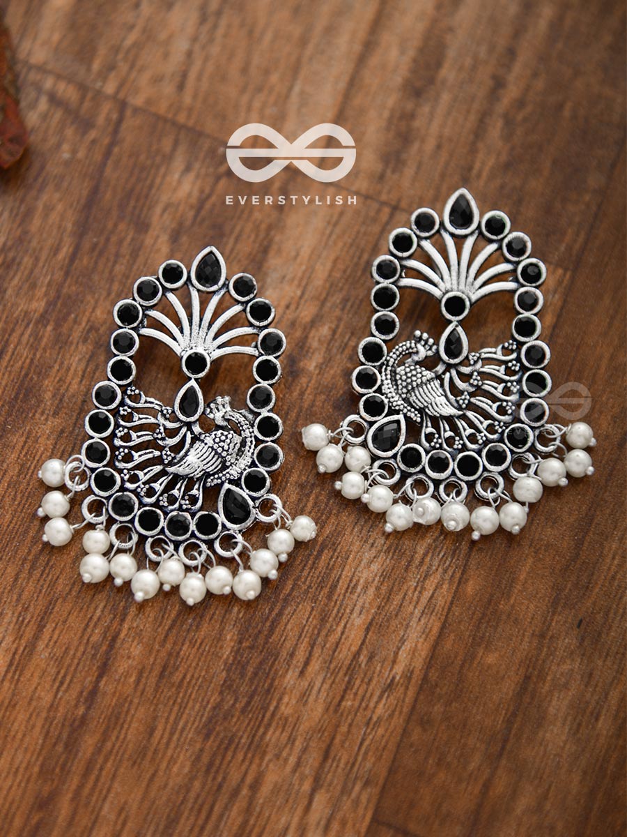 The Delightful Peacock Artwork (Onyx Black) - Embellished Oxidised Earrings