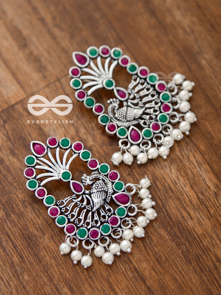 The Delightful Peacock Artwork (Ruby-Emerald) - Embellished Oxidised Earrings