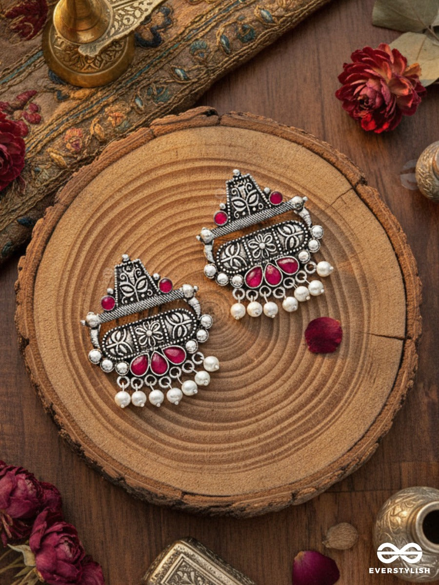 The Boho Chic Intricate Embellished Statement Earrings (Ruby Red)