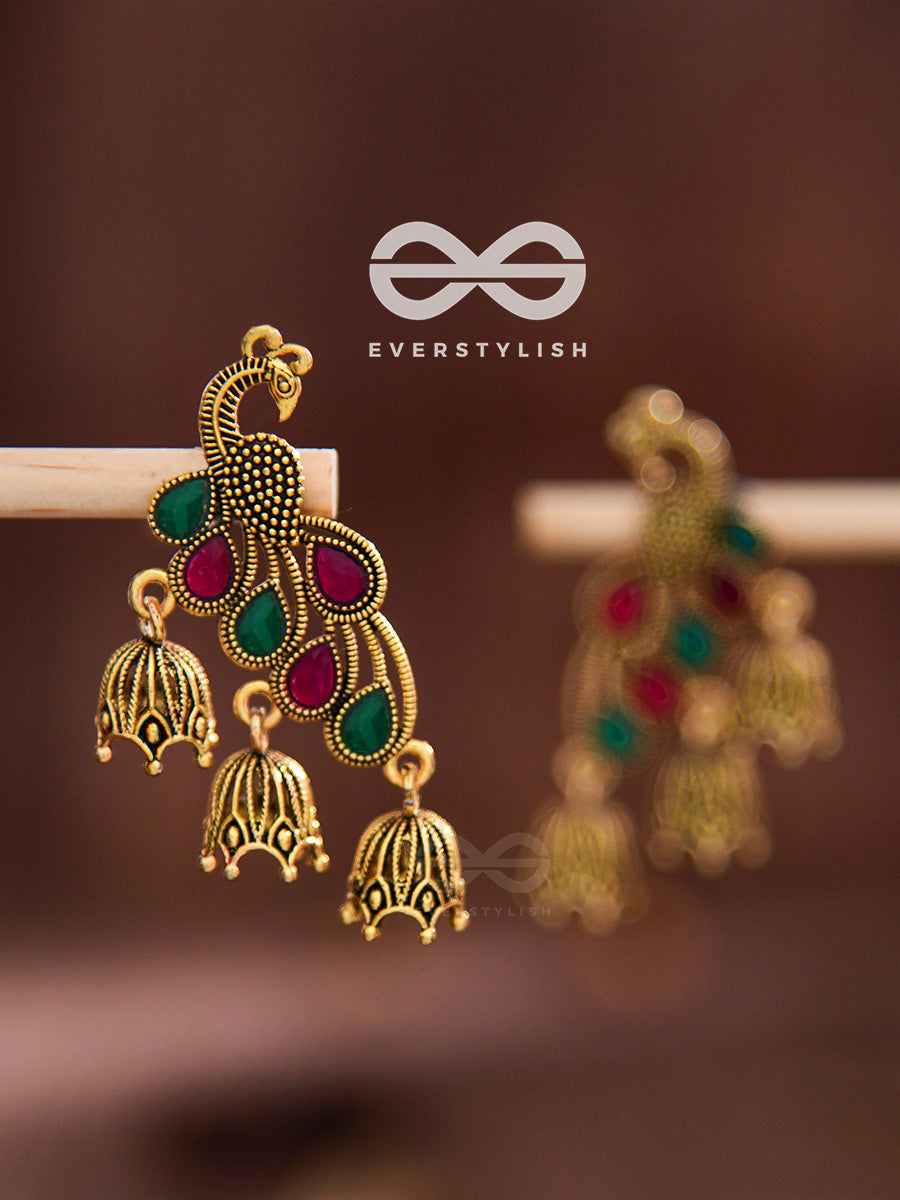 The Magnificent Meryll Intricate Peacock Jhumkis (Golden)