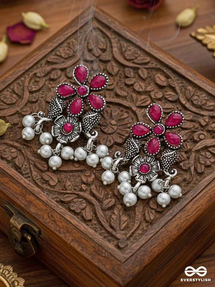 'A Floral Fantasy' - Embellished Oxidised Earrings (Ruby Red)