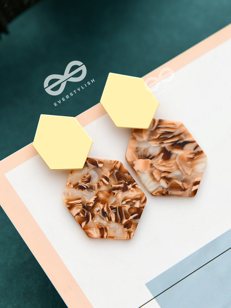 The Hexes Of Charm - Golden Acrylic Statement Earrings
