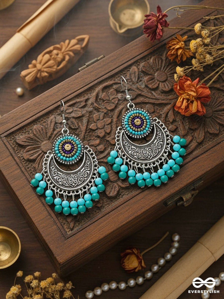 The Elegant Motifs (Teal-Blue) - Embroidered Oxidised Earrings