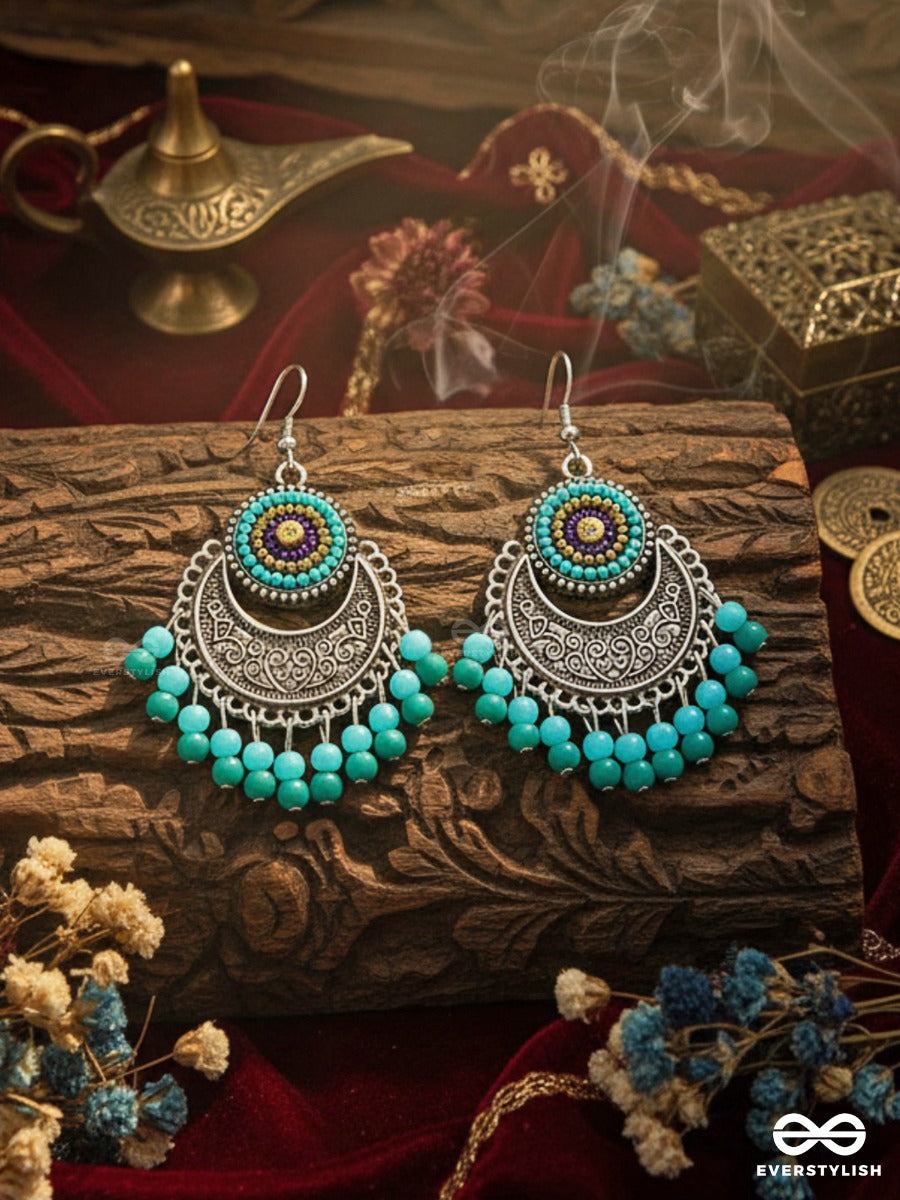 The Elegant Motifs (Teal-Blue) - Embroidered Oxidised Earrings