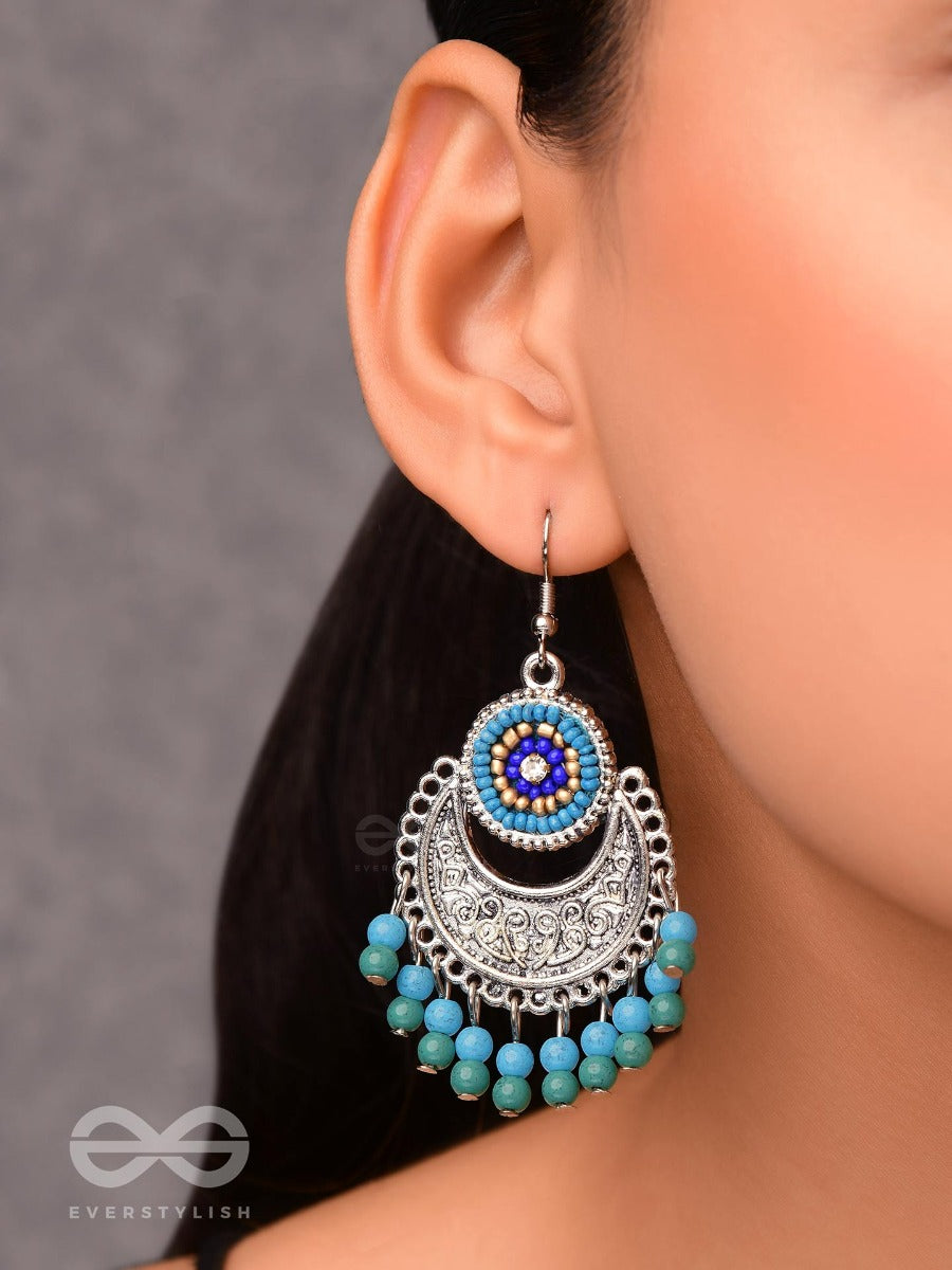 The Elegant Motifs (Teal-Blue) - Embroidered Oxidised Earrings