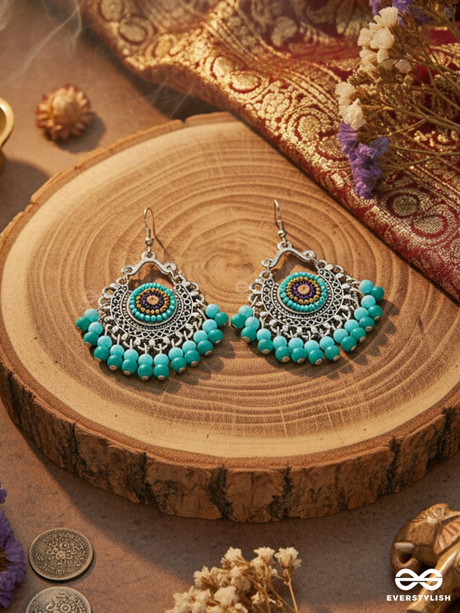 The Splendid Stunners (Teal-Blue) - Embroidered Oxidised Earrings