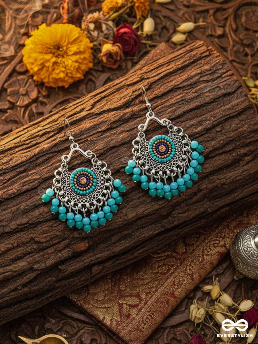 The Splendid Stunners (Teal-Blue) - Embroidered Oxidised Earrings