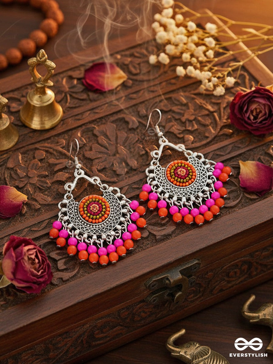 The Splendid Stunners (Orange-Pink) - Embroidered Oxidised Earrings
