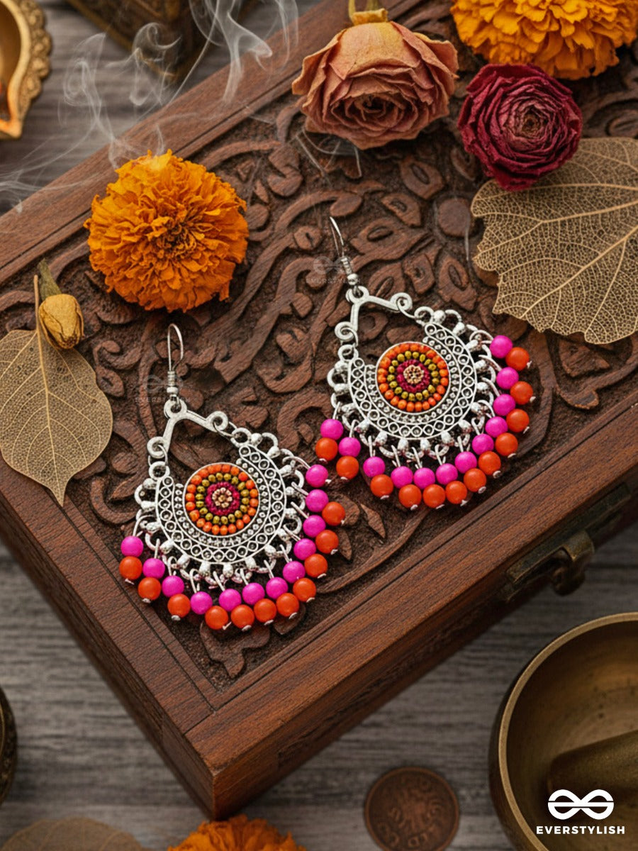 The Splendid Stunners (Orange-Pink) - Embroidered Oxidised Earrings