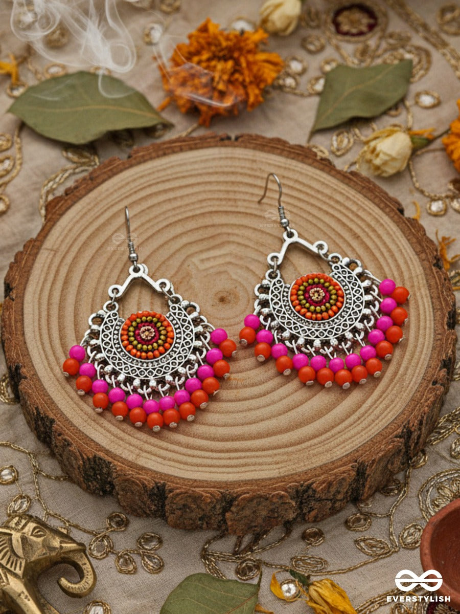 The Splendid Stunners (Orange-Pink) - Embroidered Oxidised Earrings