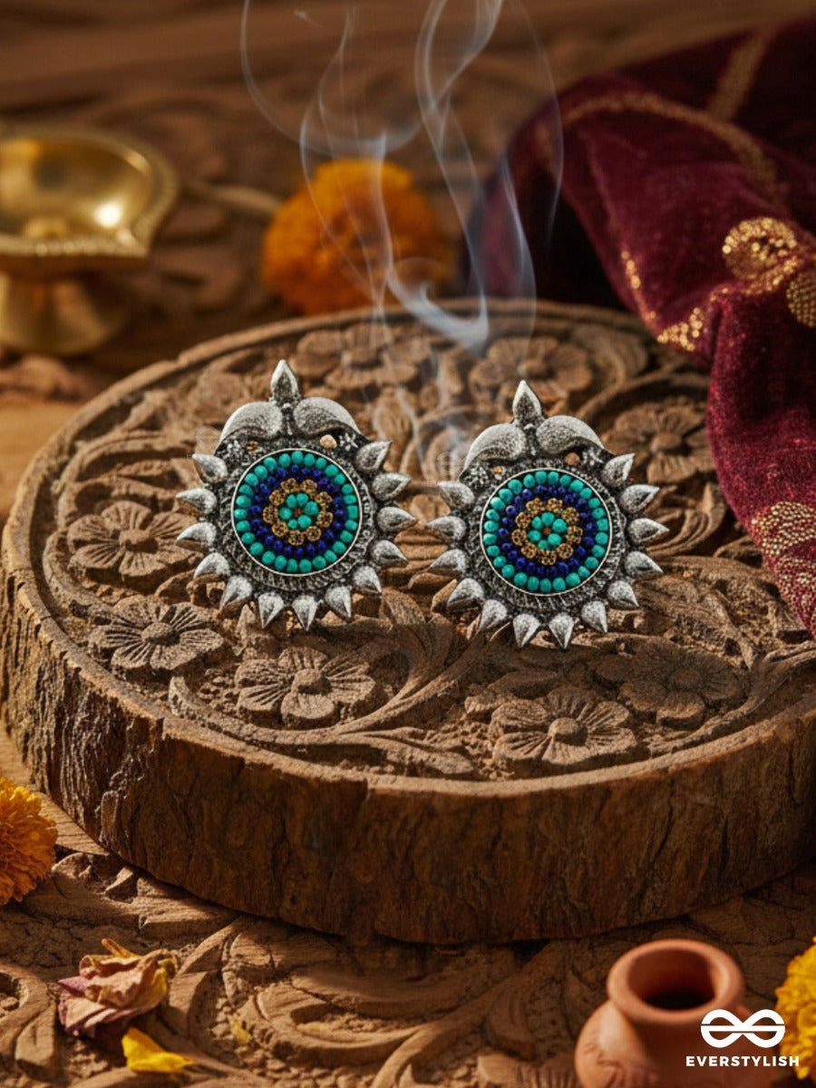 The Cute Artsy Button Studs - Embroidered Oxidised Earrings