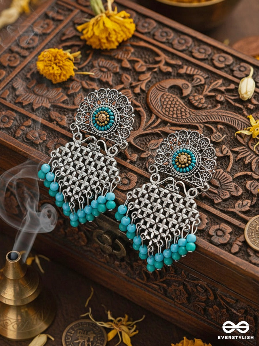 The Criss-Cross Embroidered Sun (Blue) - Embroidered Oxidised Earrings