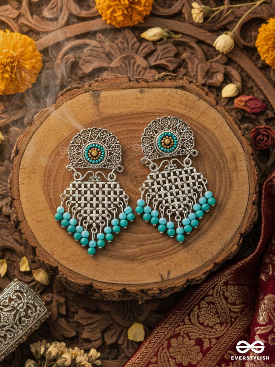 The Criss-Cross Embroidered Sun (Blue) - Embroidered Oxidised Earrings