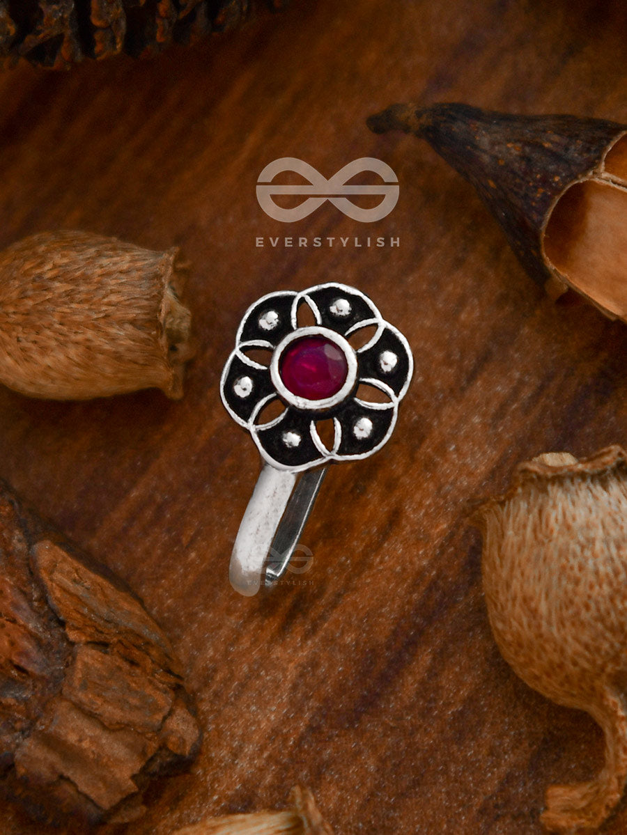 The Flower Of Ikigai- Oxidised Non-Pierced Nosering(Ruby Red)