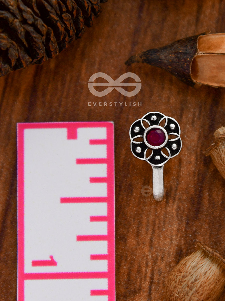 The Flower Of Ikigai- Oxidised Non-Pierced Nosering(Ruby Red)