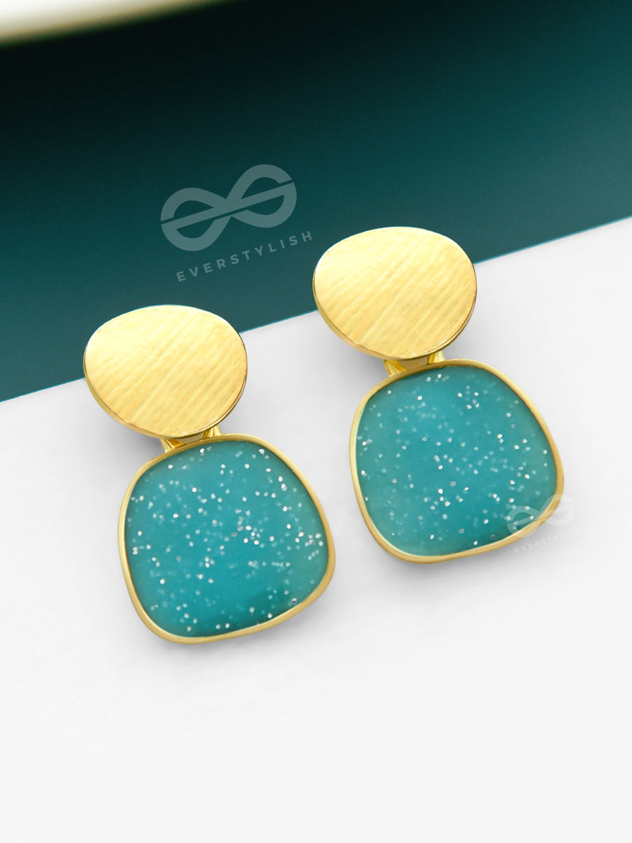 The Classy Shimmer - Statement Golden Earrings (Teal)