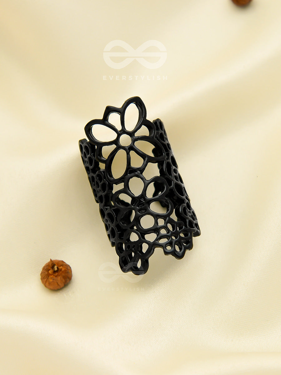 The Alluring Floral Adjustable Ring- Coal Black