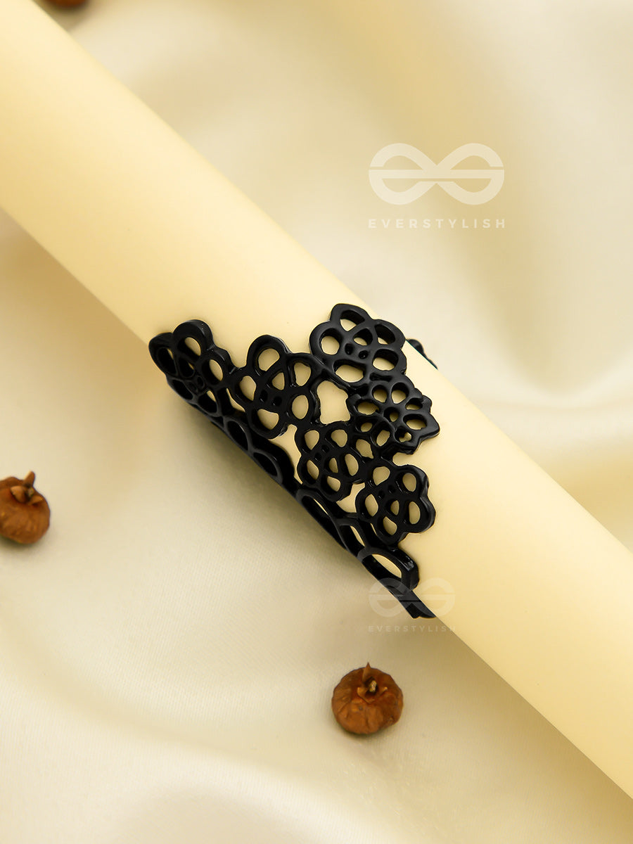 The Alluring Floral Adjustable Ring- Coal Black