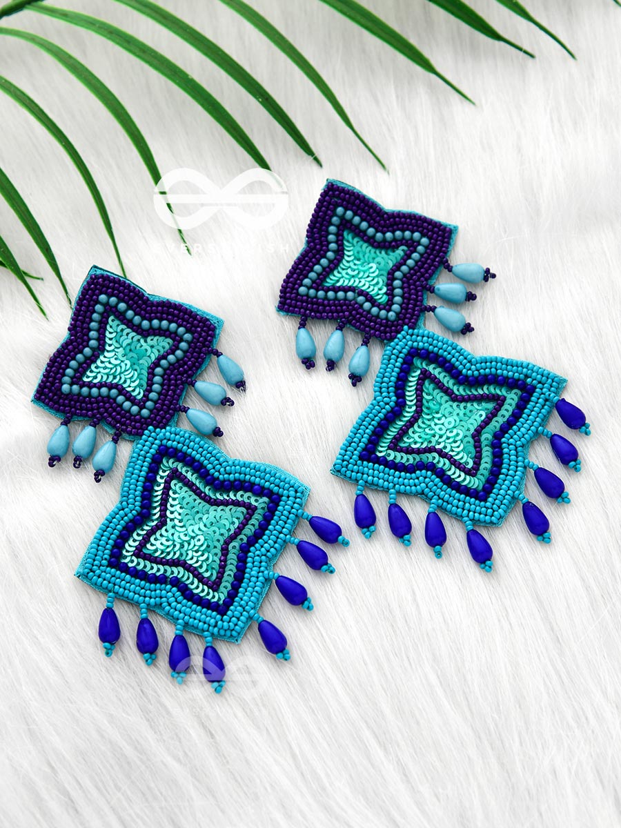 The Royal Glamour - Embroidered Pearl Statement Earrings ( Teal And Royal Blue)