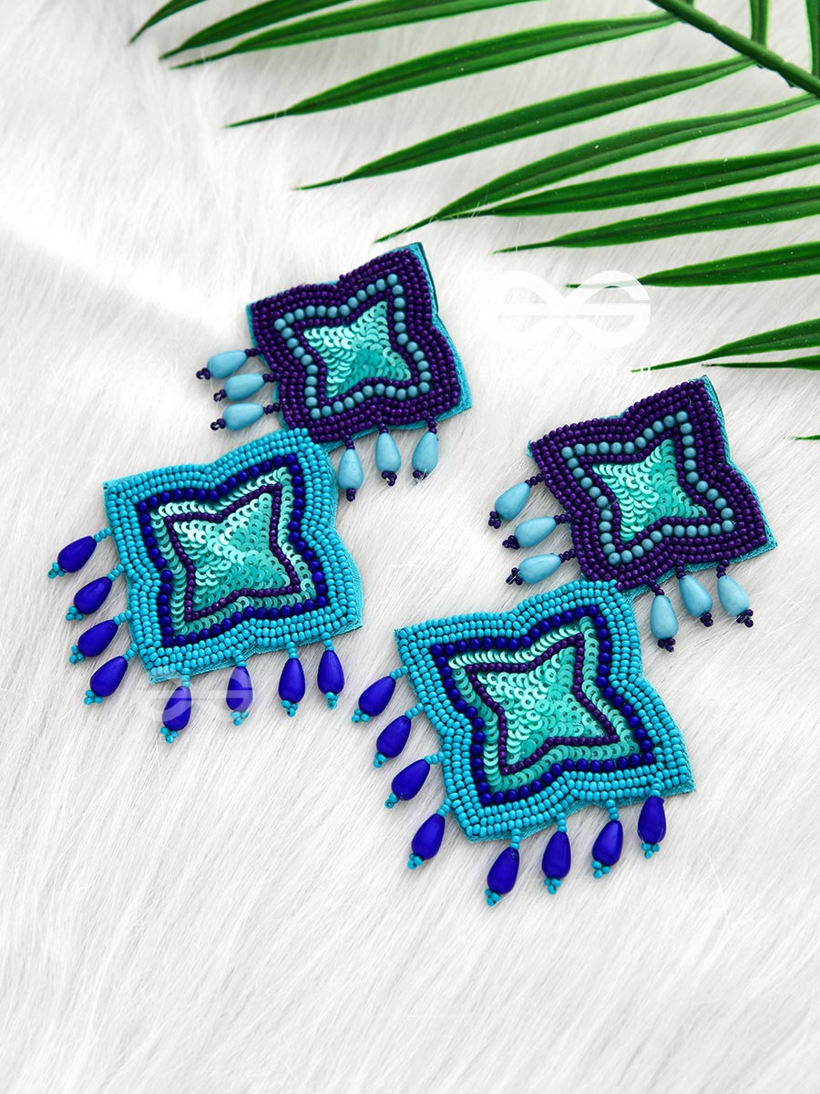 The Royal Glamour - Embroidered Pearl Statement Earrings ( Teal And Royal Blue)