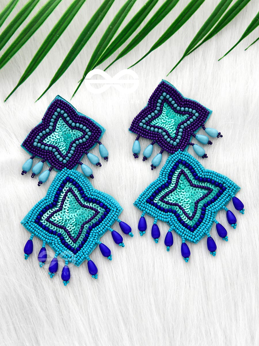 The Royal Glamour - Embroidered Pearl Statement Earrings ( Teal And Royal Blue)
