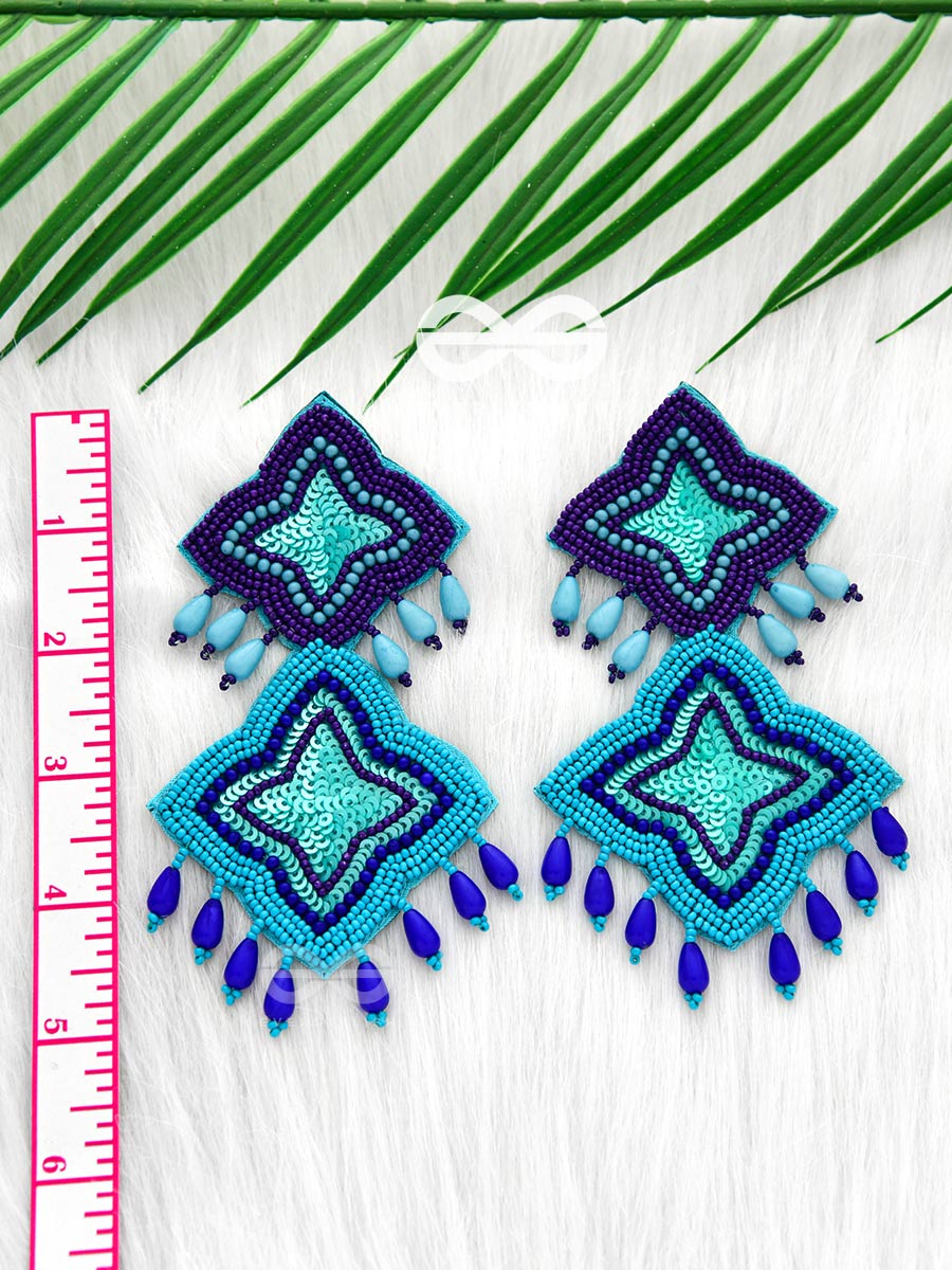 The Royal Glamour - Embroidered Pearl Statement Earrings ( Teal And Royal Blue)