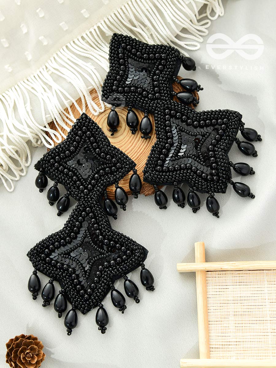 The Royal Glamour - Embroidered Pearl Statement Earrings (Black)