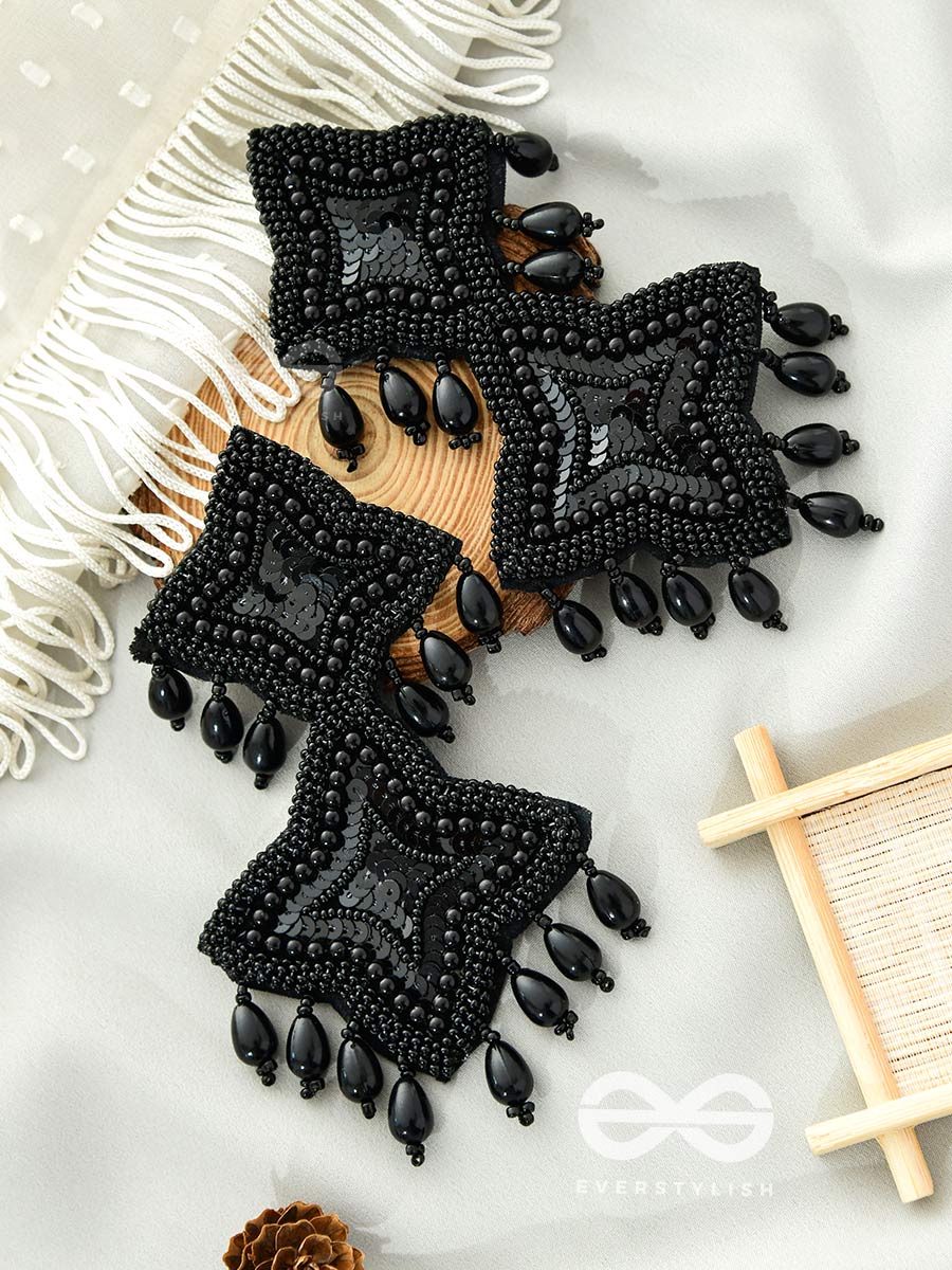 The Royal Glamour - Embroidered Pearl Statement Earrings (Black)
