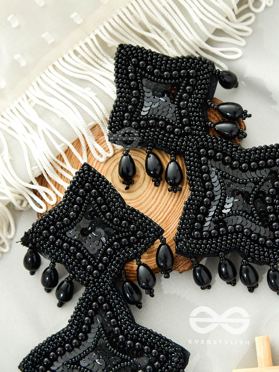 The Royal Glamour - Embroidered Pearl Statement Earrings (Black)