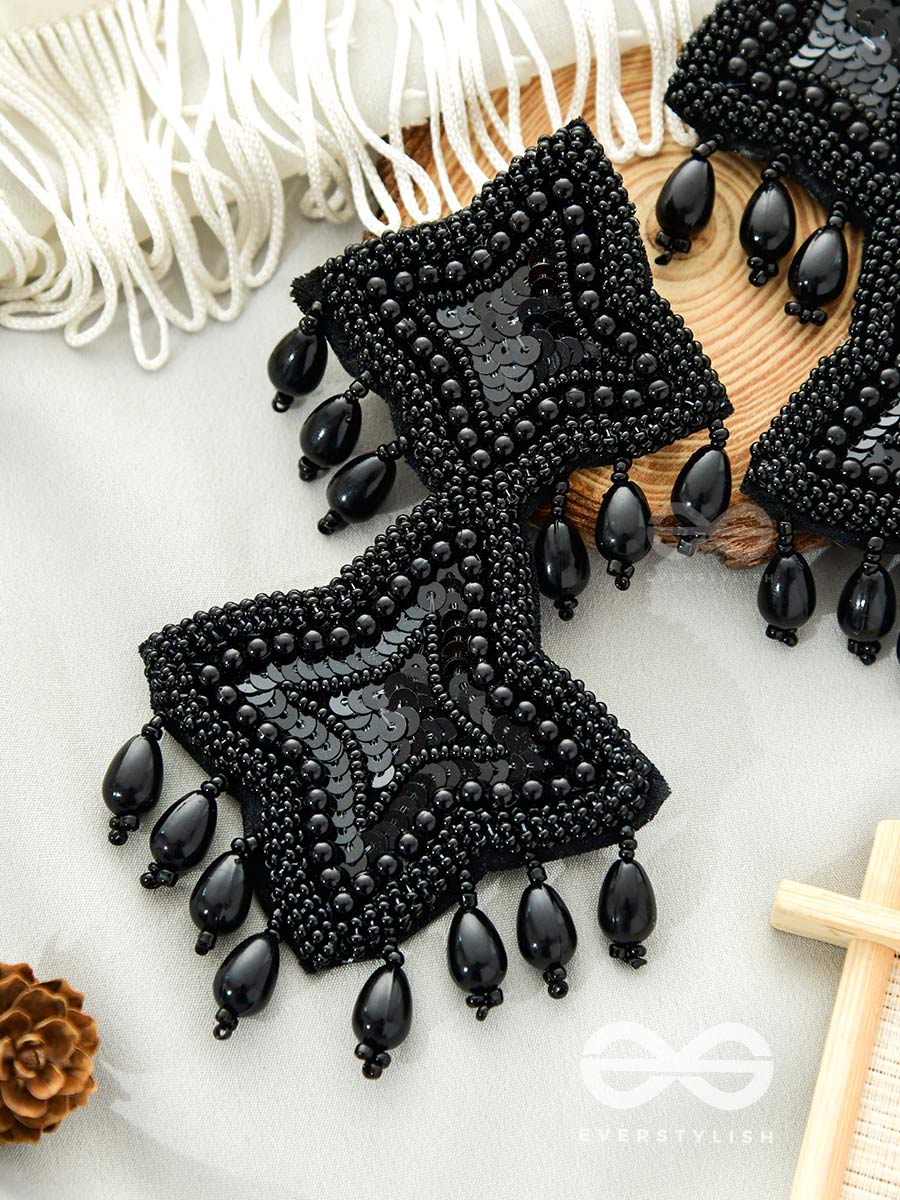 The Royal Glamour - Embroidered Pearl Statement Earrings (Black)