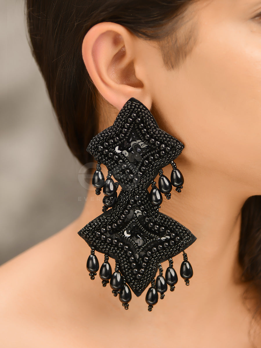 The Royal Glamour - Embroidered Pearl Statement Earrings (Black)
