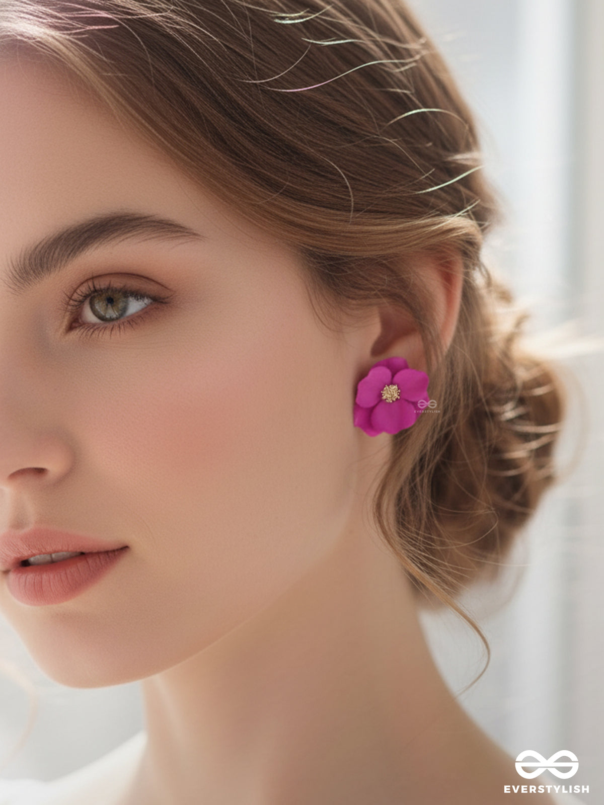 The Poised Periwinkles - Statement Floral Studs (Fushcia)
