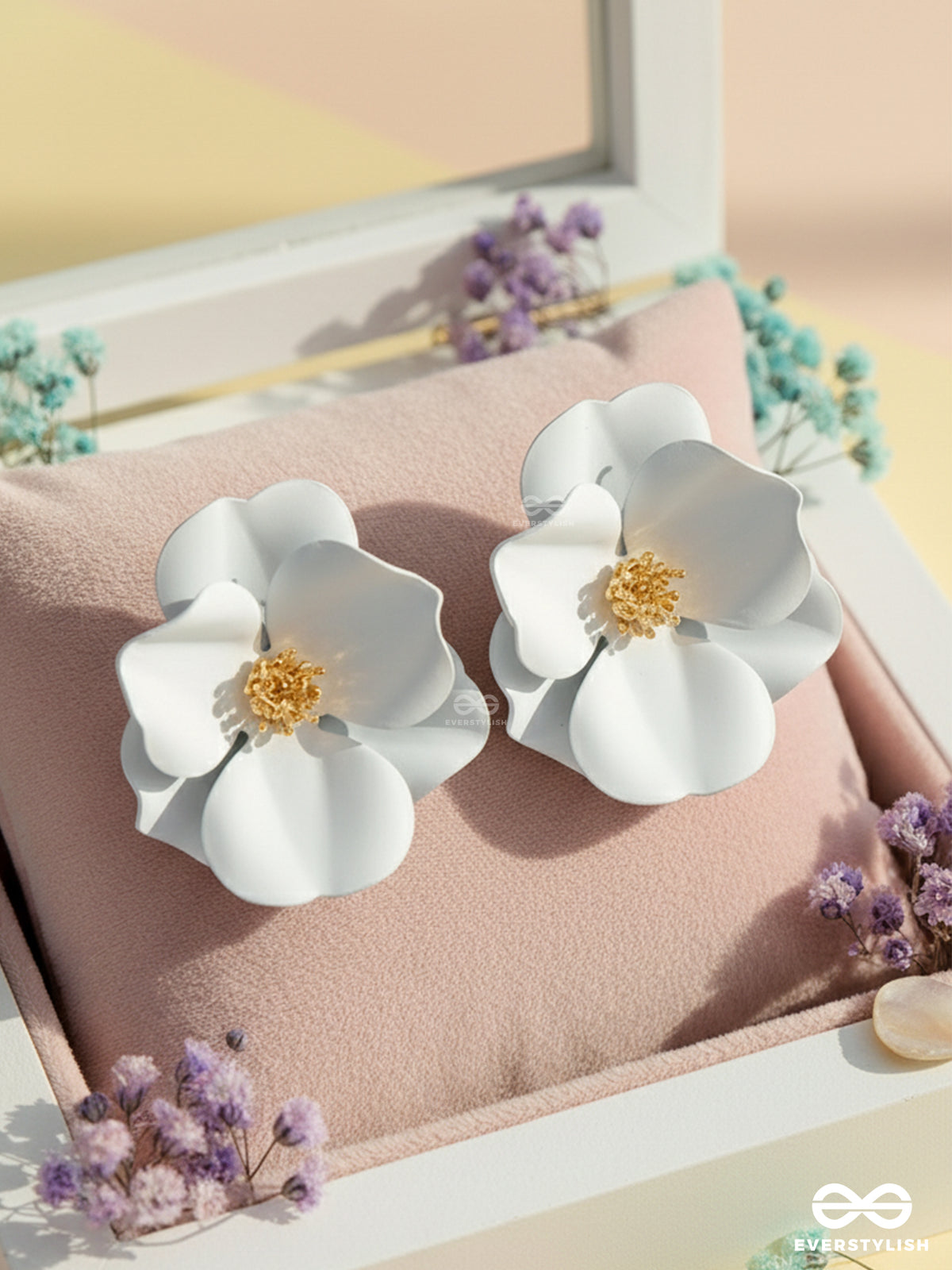 The Poised Periwinkles - Statement Floral Studs (Snow)