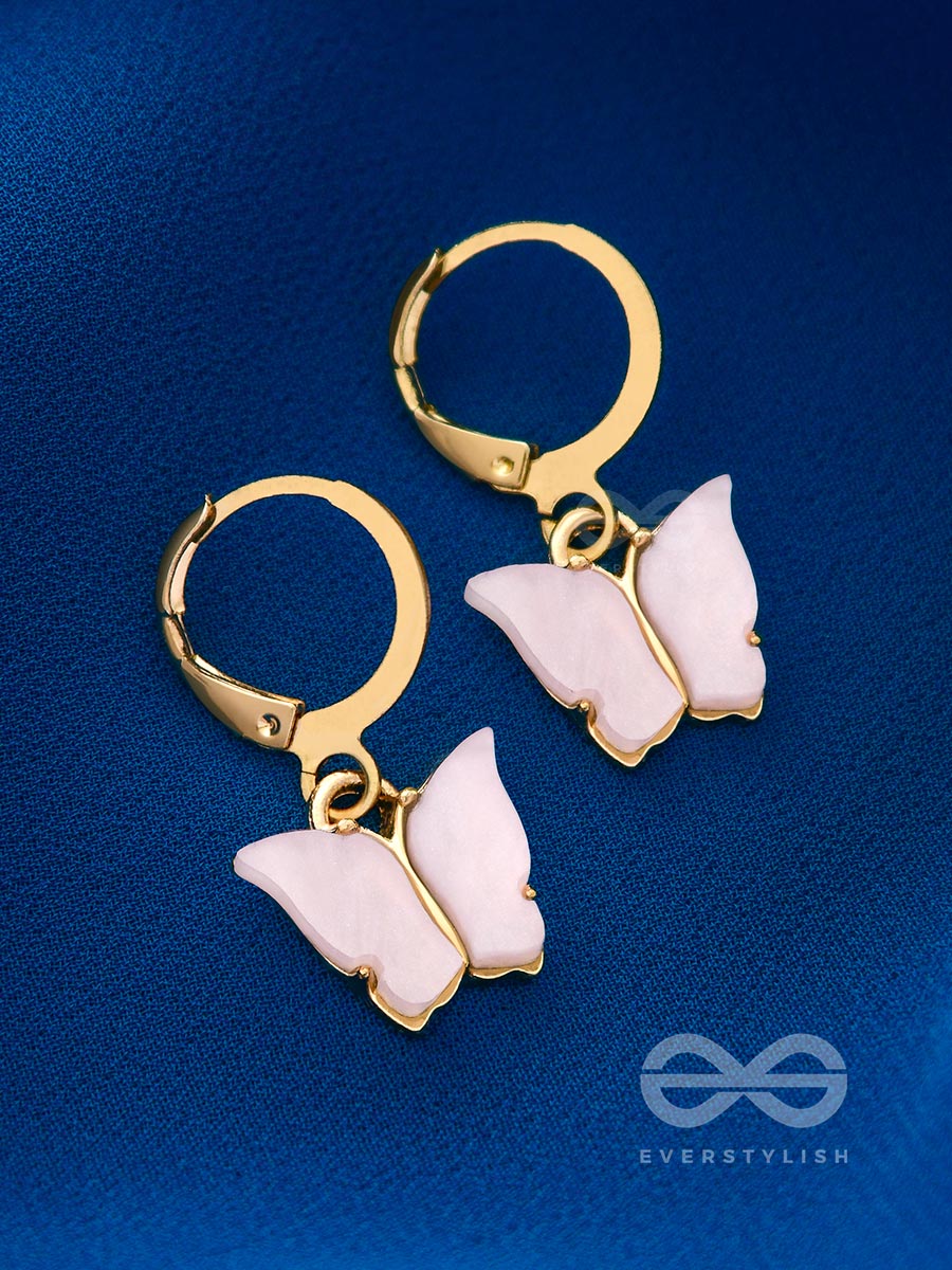 Take The Sky Like A Butterfly - Cute Golden Dangler Earrings (Baby Pink)