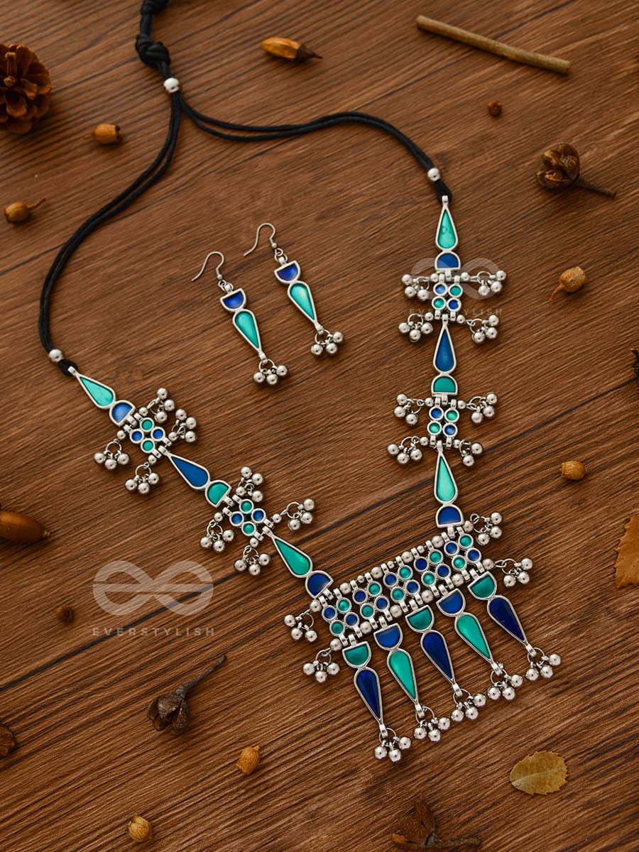 The Bohemian Jaw Droppers - Statement Set Of Meenakari Neckpiece And Earrings (Teal-Blue)