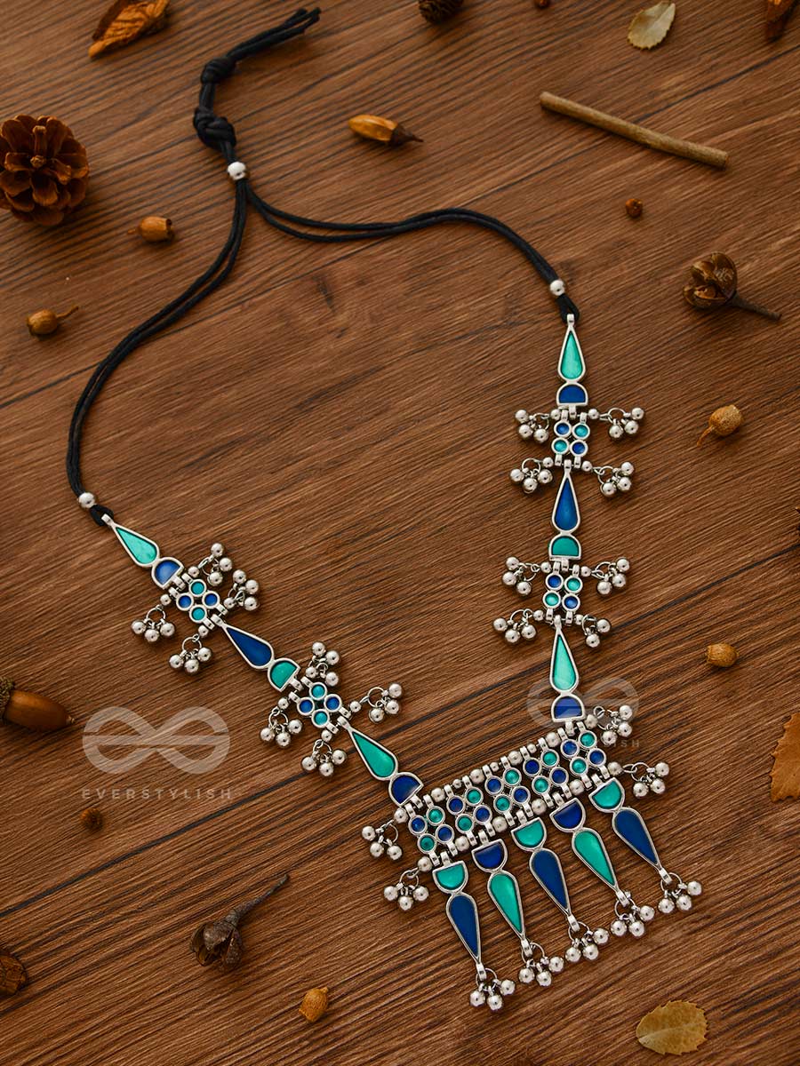 The Bohemian Jaw Droppers - Statement Set Of Meenakari Neckpiece And Earrings (Teal-Blue)