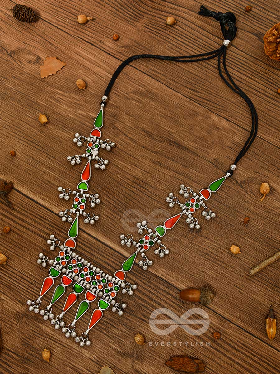 The Bohemian Jaw Droppers - Statement Set Of Meenakari Neckpiece And Earrings (Orange-Green)