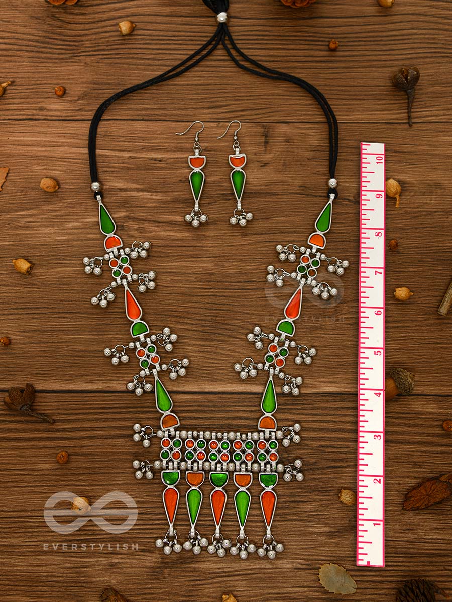The Bohemian Jaw Droppers - Statement Set Of Meenakari Neckpiece And Earrings (Orange-Green)