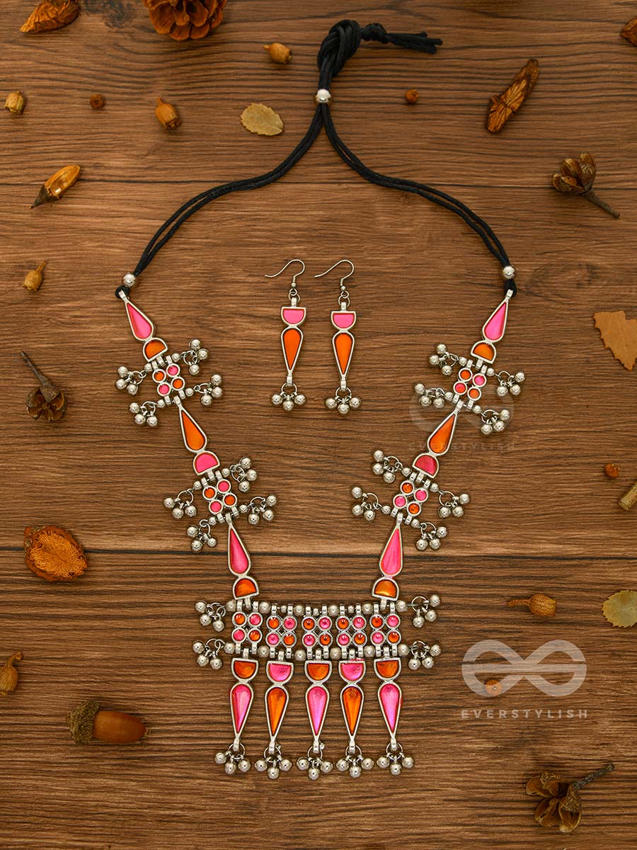 The Bohemian Jaw Droppers - Statement Set Of Meenakari Neckpiece And Earrings (Orange-Pink)